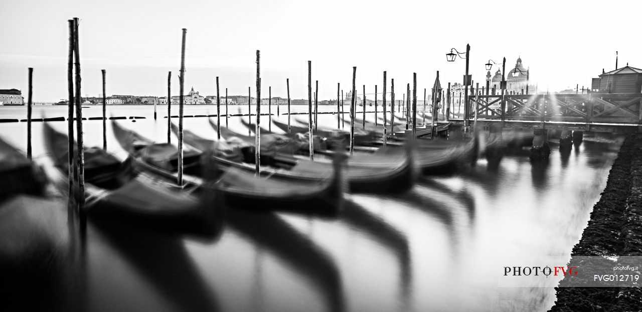 Gondolas at sunset, in the background the Church of San Giorgio Maggiore