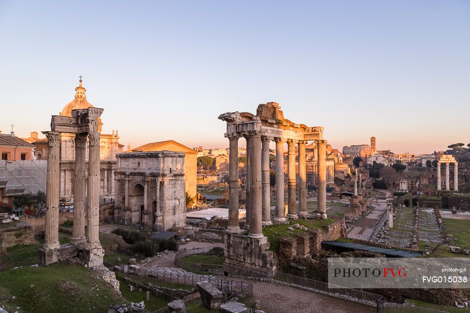 Sunset light on the Roman Forums, the Colosseum in the background