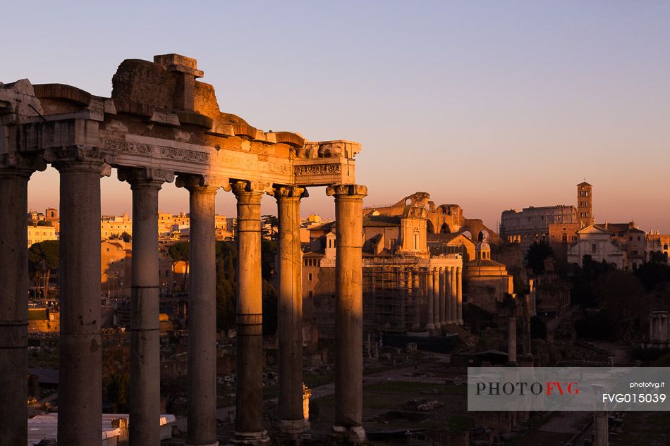 Sunset light on the Roman Forums, the Colosseum in the background