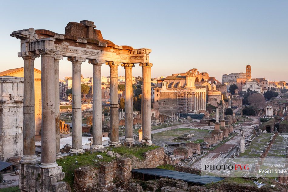 Sunset light on the Roman Forums, the Colosseum in the background