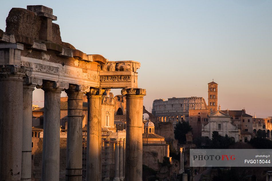 Sunset light on the Roman Forums, the Colosseum in the background