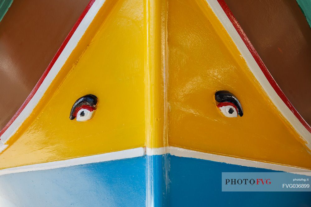 Detail of luzzu, traditional fishing boat with Phoenician eyes in the historic city of Marsaxlokk on the island of Malta, Europe