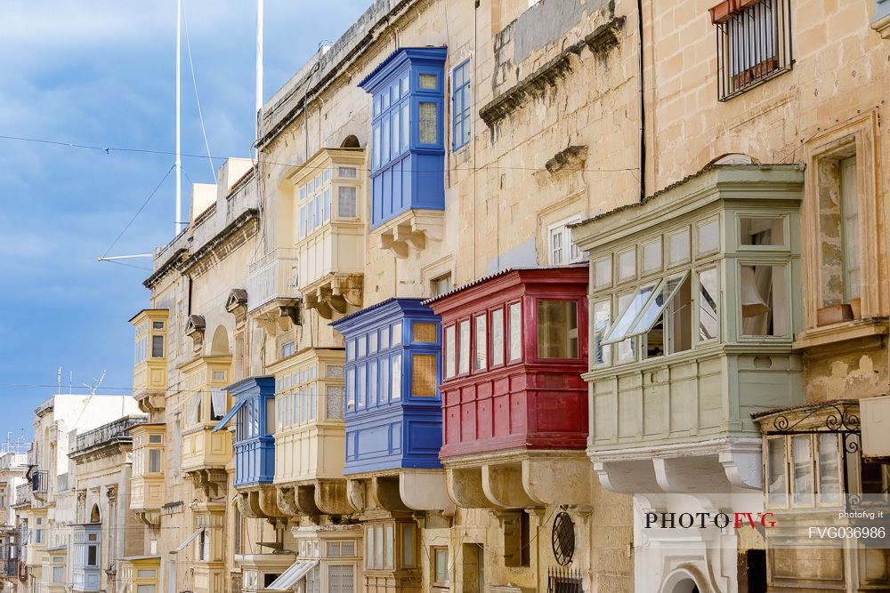 Vintage view of typical buildings balconies in La Valletta, Malta