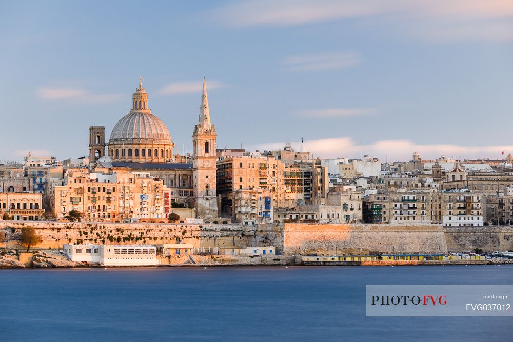 Valletta city with St. Paul's Cathedral at sunset, Malta, Europe