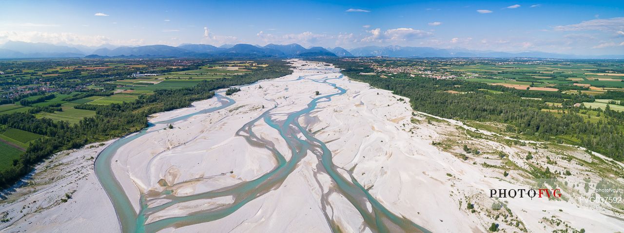 The Tagliamento river from above, panoramic view, Friuli Venezia Giulia, Italy, Europe