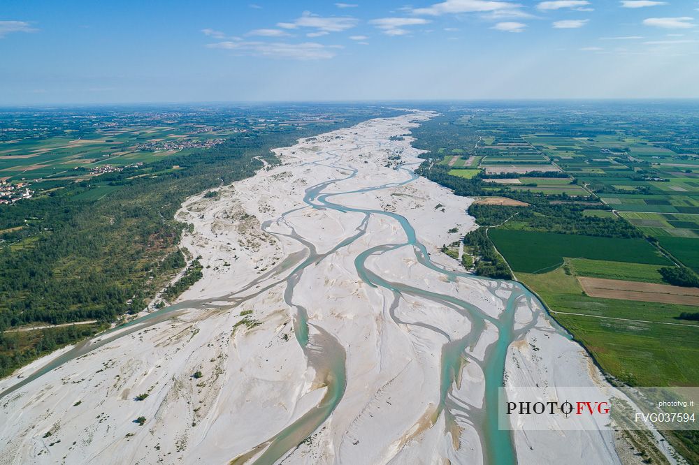 The Tagliamento river from above, panoramic view, Friuli Venezia Giulia, Italy, Europe