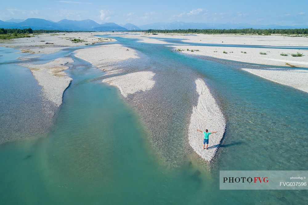 People in the Tagliamento river, view from above, panoramic view, Friuli Venezia Giulia, Italy, Europe