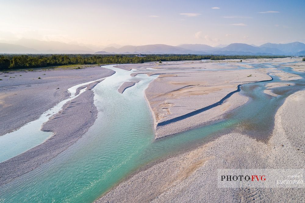 The Tagliamento river from above, panoramic view, Friuli Venezia Giulia, Italy, Europe