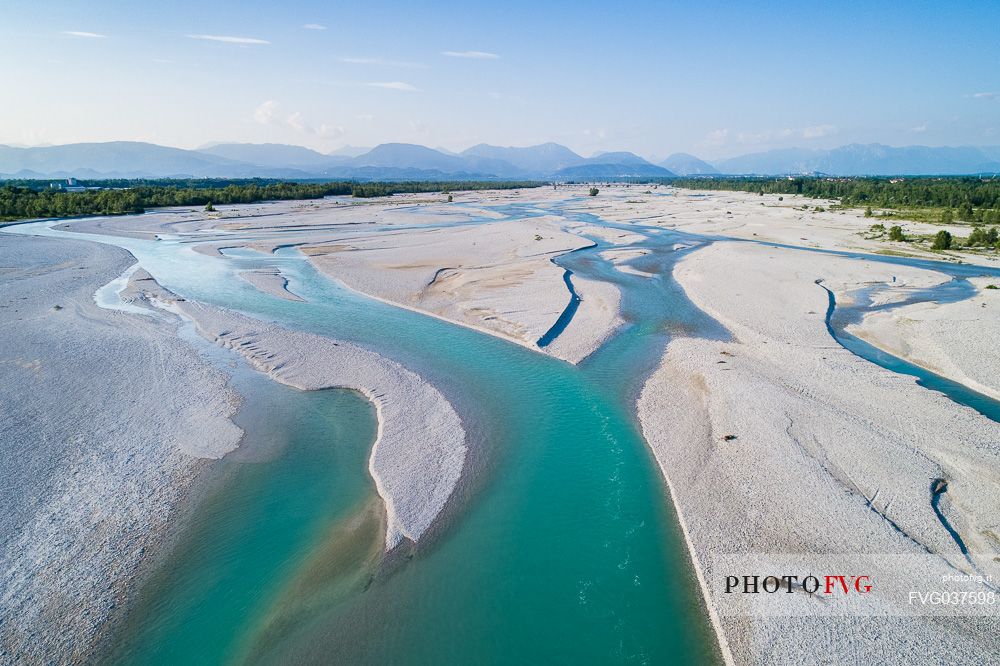 The Tagliamento river from above, panoramic view, Friuli Venezia Giulia, Italy, Europe