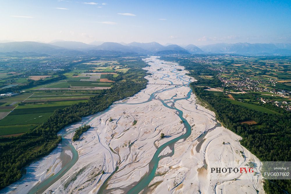 The Tagliamento river from above, panoramic view, Friuli Venezia Giulia, Italy, Europe