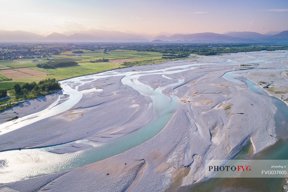 The Tagliamento river from above, panoramic view, Friuli Venezia Giulia, Italy, Europe