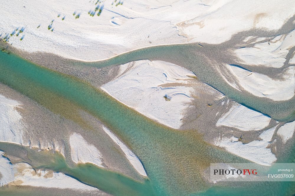 Detail of the Tagliamento river from above, Friuli Venezia Giulia, Italy, Europe