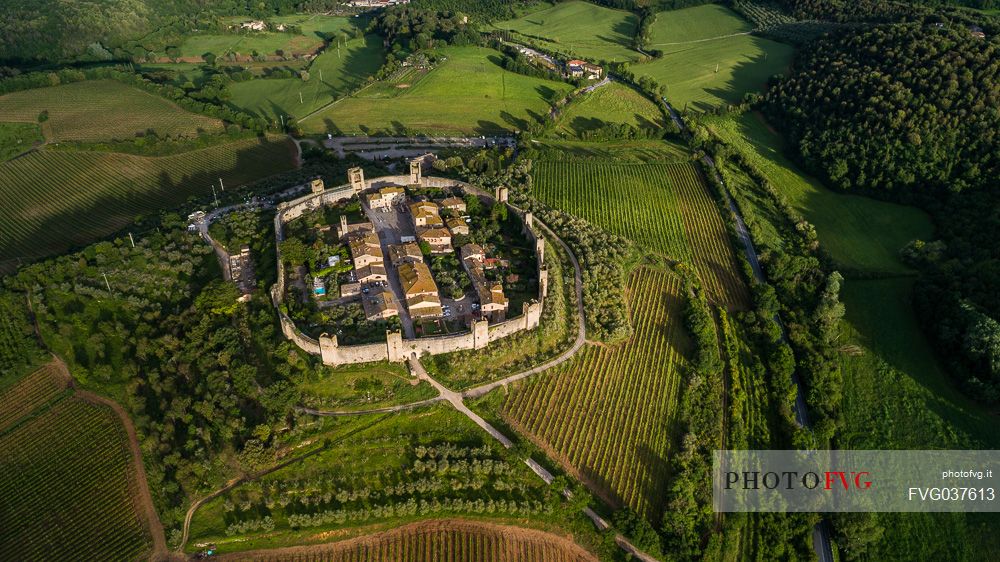 Aerial view of Monteriggioni village. It is a complete walled medieval town in the Siena Province of Tuscany built in the 13th century, Italy, Europe