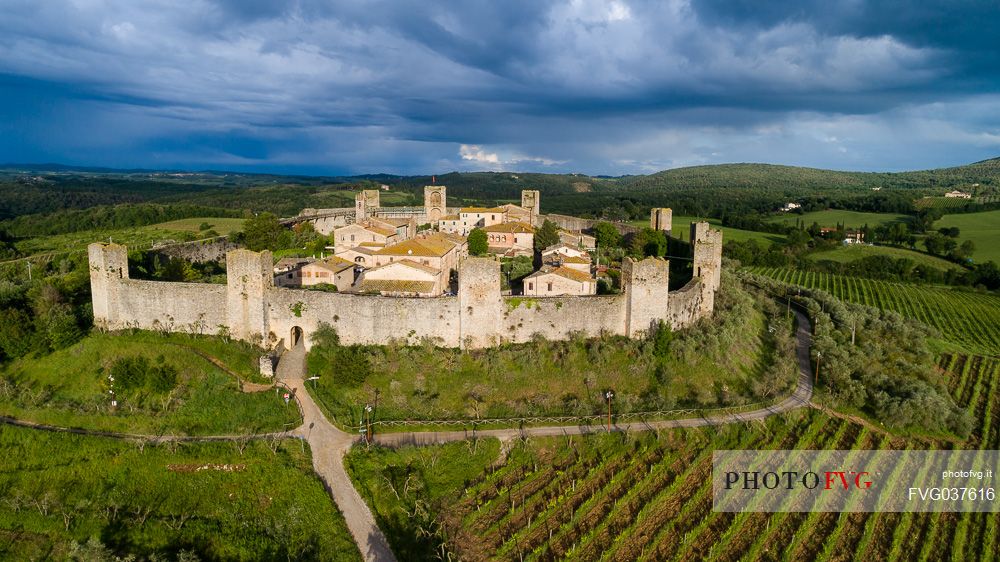 Aerial view of Monteriggioni village. It is a complete walled medieval town in the Siena Province of Tuscany built in the 13th century, Italy, Europe