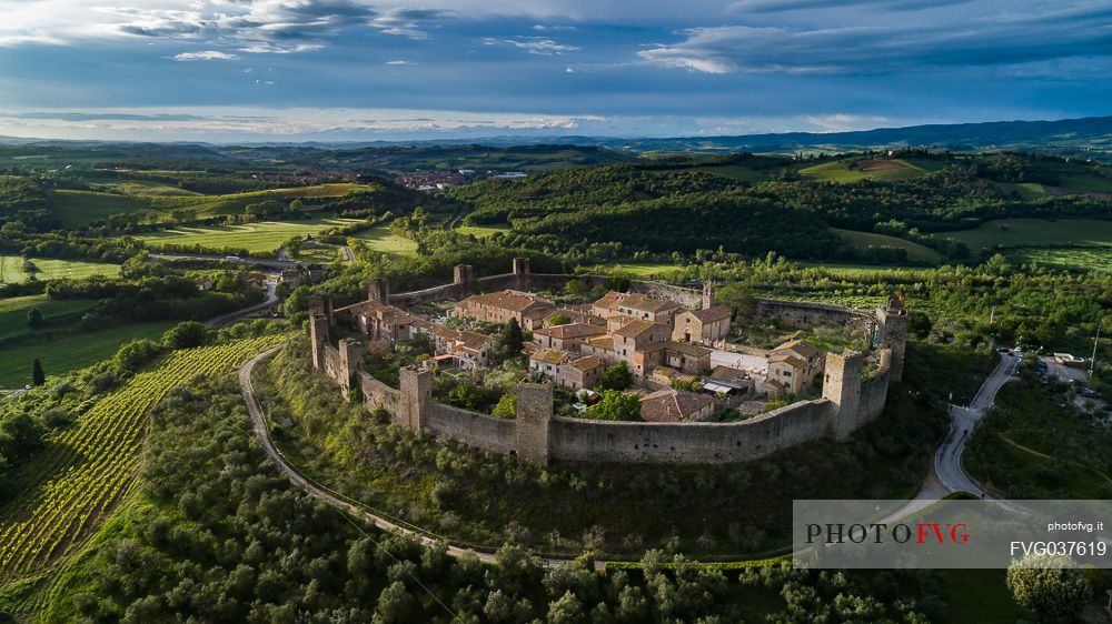 Aerial view of Monteriggioni village. It is a complete walled medieval town in the Siena Province of Tuscany built in the 13th century, Italy, Europe