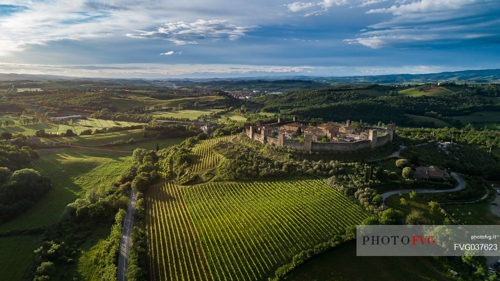 Aerial view of Monteriggioni village. It is a complete walled medieval town in the Siena Province of Tuscany built in the 13th century, Italy, Europe