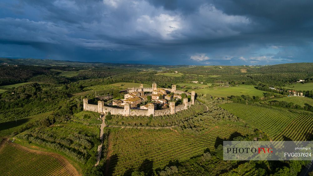 Aerial view of Monteriggioni village. It is a complete walled medieval town in the Siena Province of Tuscany built in the 13th century, Italy, Europe