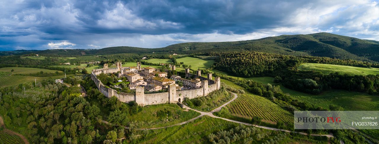 Aerial view of Monteriggioni village. It is a complete walled medieval town in the Siena Province of Tuscany built in the 13th century, Italy, Europe