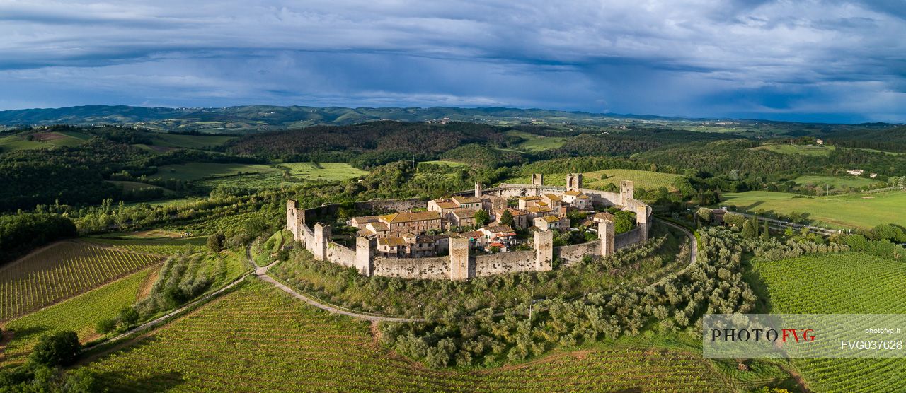 Aerial view of Monteriggioni village. It is a complete walled medieval town in the Siena Province of Tuscany built in the 13th century, Italy, Europe