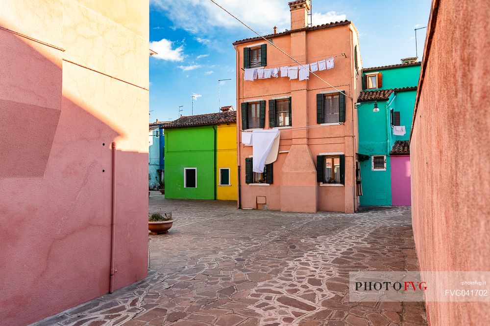 The colored houses of the colorful Burano village, Venice, Italyl, Europe