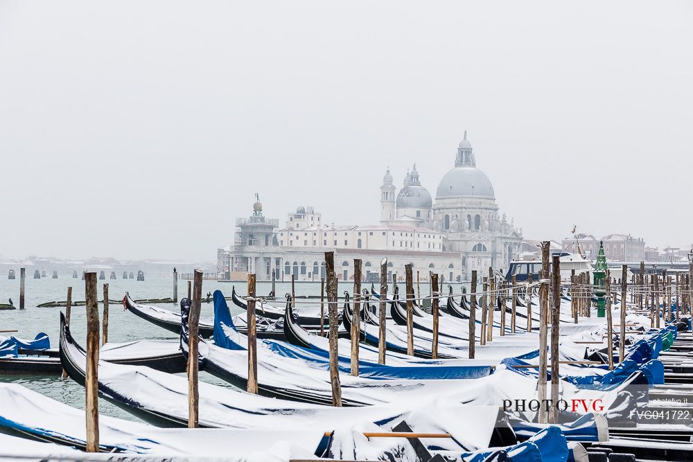 Winter snowfall in the city of Venice, gondolas covered by snow and in the background the church of Santa Maria della Salute, Venice, Veneto, Italy, Europe