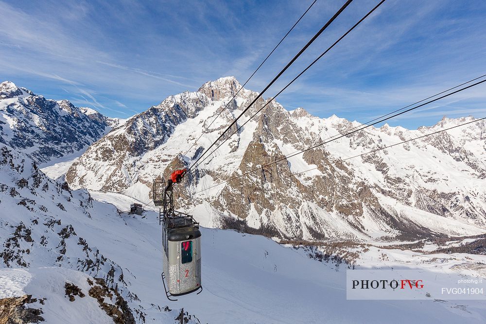 The historic cableway that leads to Punta Arp, Courmayeur, Mont Blanc, Aosta valley, Italy, Europe
