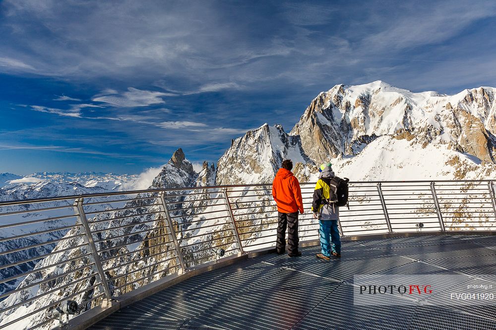 Tourists on the panoramic terrace of
Punta Helbronner which can be reached with the SkyWay Monte Bianco cable car, Mont Blanc, Courmayeur, Aosta valley, Italy, Europe