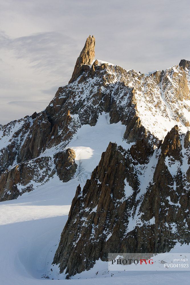 Punta Helbronner which can be reached with the SkyWay Monte Bianco cable car, view on the Giant Glacier where you can see the Punta del Gigante, Mont Blanc, Courmayeur, Aosta valley, Italy, Europe