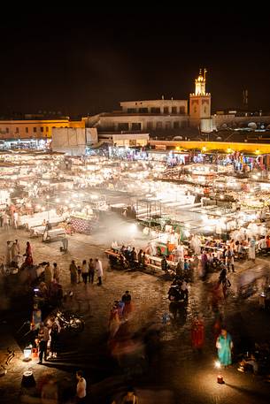 The lights and the life of the Jemaa El Fna, the main square in Marrakech