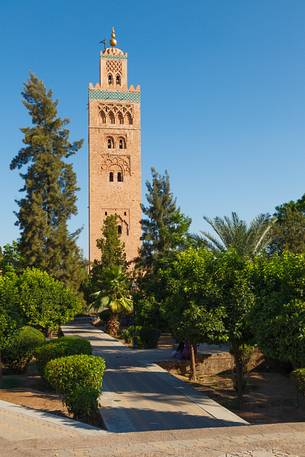 The minaret of the Koutoubia Mosque in Marrakech, Morocco