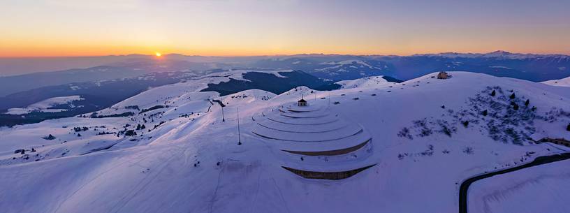 Ossuary to the fallen of Cima Grappa in the depths of winter at sunset