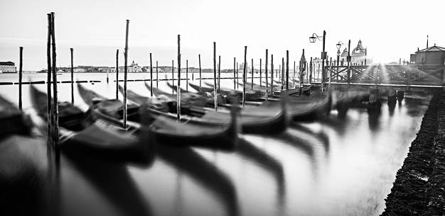 Gondolas at sunset, in the background the Church of San Giorgio Maggiore