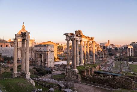 Sunset light on the Roman Forums, the Colosseum in the background