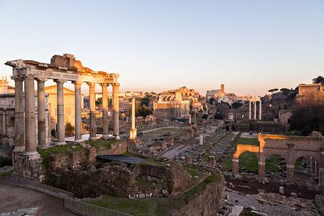 Sunset light on the Roman Forums, the Colosseum in the background