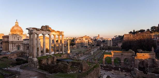 Sunset light on the Roman Forums, the Colosseum in the background