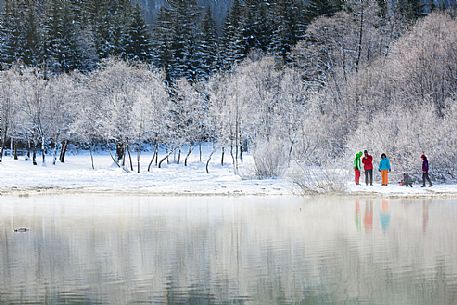 Hiker at Fusine lake in a winter landscape, Tarvisio, Julian Alps, Italy Hiker at Fusine lake in a winter landscape, Tarvisio, Julian Alps, Italy