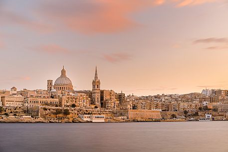 Valletta city with St. Paul's Cathedral at sunset, Malta, Europe