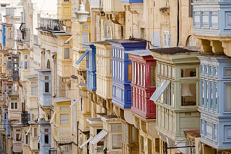 Vintage view of typical buildings balconies in La Valletta, Malta