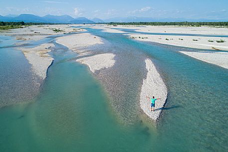 People in the Tagliamento river, view from above, panoramic view, Friuli Venezia Giulia, Italy, Europe