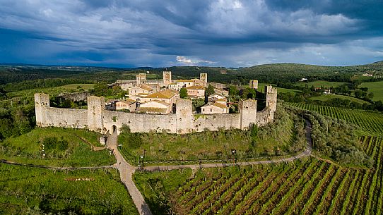 Aerial view of Monteriggioni village. It is a complete walled medieval town in the Siena Province of Tuscany built in the 13th century, Italy, Europe