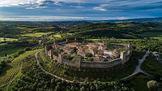 Aerial view of Monteriggioni village. It is a complete walled medieval town in the Siena Province of Tuscany built in the 13th century, Italy, Europe