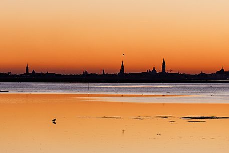 The Venetian lagoon and in the background the Venice island at sunset from Burano, Veneto, Italy, Europe The Venetian lagoon and in the background the Venice island at sunset from Burano, Veneto, Italy, Europe