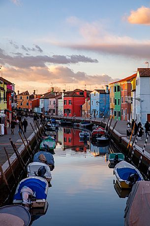 Colorful houses in Burano with canal and moored boats, Venice, Venetian lagoon, Veneto, Italy, Europe