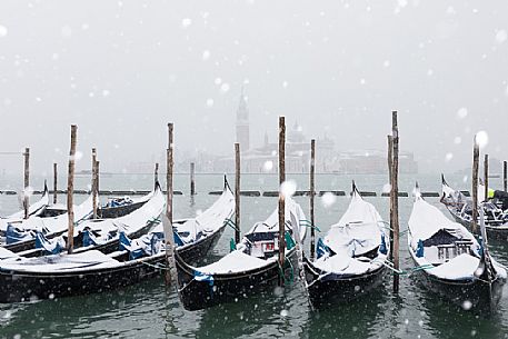 Winter snowfall in the city of Venice, gondolas covered by snow and in the background the San Giorgio Maggiore church, Venice, Veneto, Italy, Europe Winter snowfall in the city of Venice, gondolas covered by snow and in the background the San Giorgio Maggiore church, Venice, Veneto, Italy, Europe