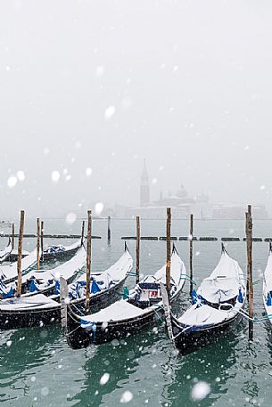 Winter snowfall in the city of Venice, gondolas covered by snow and in the background the San Giorgio Maggiore church, Venice, Veneto, Italy, Europe Winter snowfall in the city of Venice, gondolas covered by snow and in the background the San Giorgio Maggiore church, Venice, Veneto, Italy, Europe
