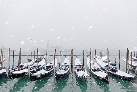Winter snowfall in the city of Venice, gondolas covered by snow and in the background the San Giorgio Maggiore church, Venice, Veneto, Italy, Europe Winter snowfall in the city of Venice, gondolas covered by snow and in the background the San Giorgio Maggiore church, Venice, Veneto, Italy, Europe