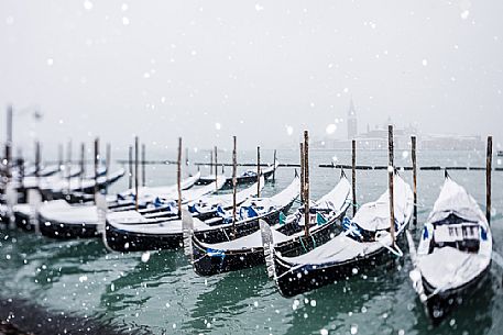 Winter snowfall in the city of Venice, gondolas covered by snow and in the background the San Giorgio Maggiore church, Venice, Veneto, Italy, Europe Winter snowfall in the city of Venice, gondolas covered by snow and in the background the San Giorgio Maggiore church, Venice, Veneto, Italy, Europe