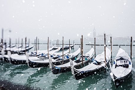 Winter snowfall in the city of Venice, gondolas covered by snow and in the background the San Giorgio Maggiore church, Venice, Veneto, Italy, Europe