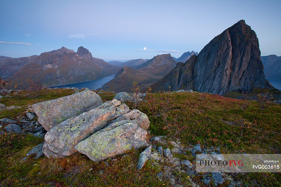 View of Segla mountain and Senja island's landscapes at moonrise.