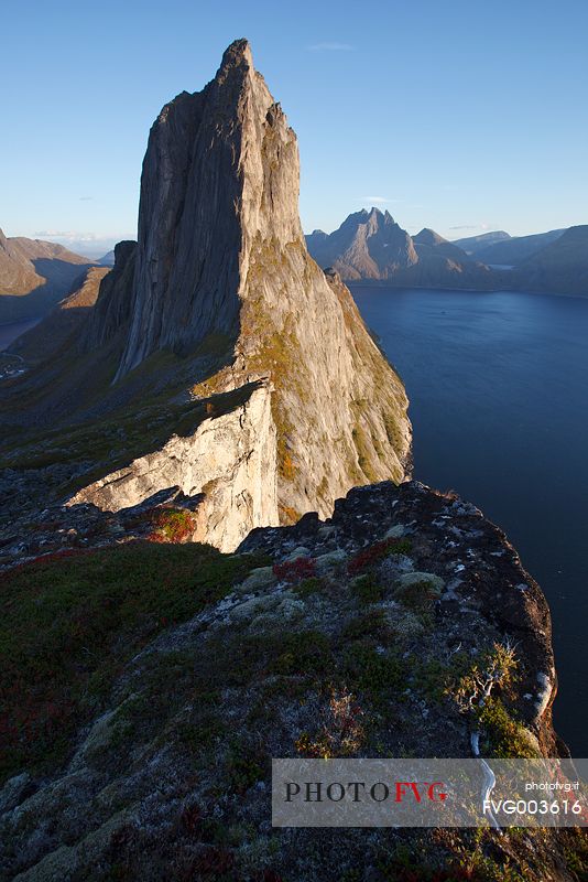 View of Segla mountain at sunset.